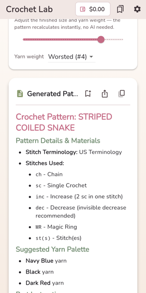 Crochet Lab generated pattern screen with stitch terminology and a suggested yarn palette